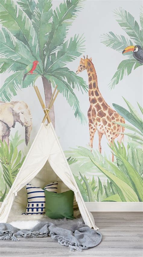 Watercolor Jungle Nursery Wallpaper Mural | Hovia | Nursery wall murals, Wall murals bedroom ...