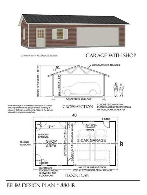 2 Car Garage Plan with Shop 880-1R - 40' x 22' | Garage shop plans, Garage building plans ...