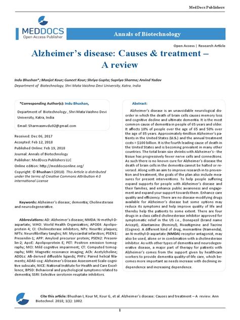 Alzheimer’s disease: Causes & treatment – A review: Annals of Biotechnology