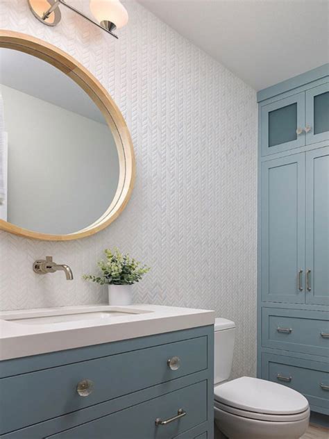 Farmhouse inspired bathroom stuns with a coordinated effort of blue ...