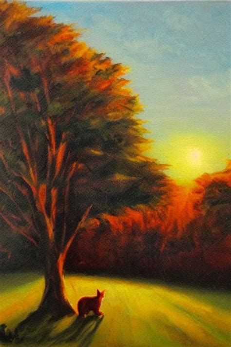 morning time, landscape, oil painting, blue sky, red...