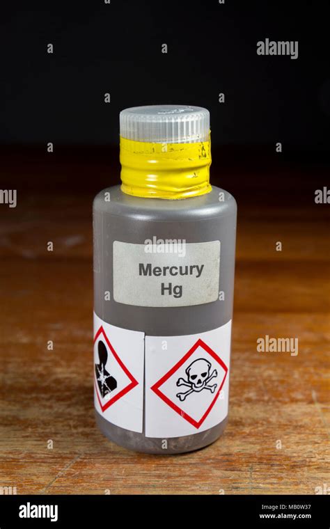 A bottle of liquid mercury metal (Hg) as used in a UK secondary school ...