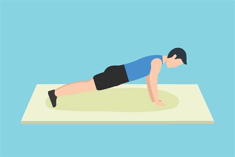 Boy doing push-up exercise on a floor mat vector illustration. Man doing push-ups for body ...