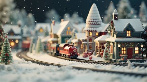 A desktop wallpaper of a Christmas village model railroad