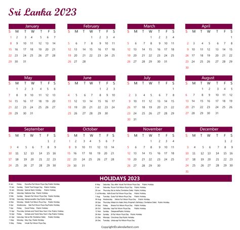 Sri Lanka Calendar 2023 with Holidays - Download in PDF