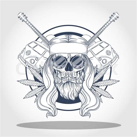 Hand drawn sketch, hippie skull with ... | Stock vector | Colourbox