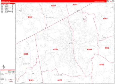 Brockton Massachusetts Zip Code Wall Map (Red Line Style) by MarketMAPS ...