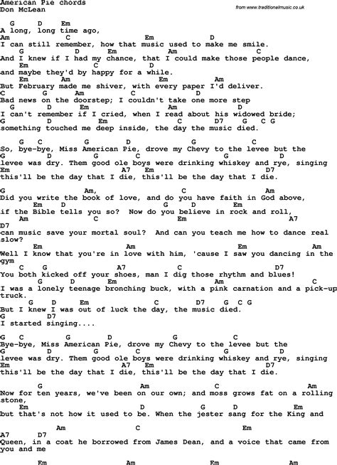 Song lyrics with guitar chords for American Pie