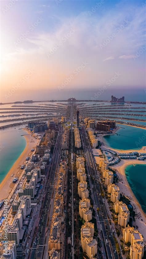 Aerial view of Palm Jumeirah islands in Dubai; Man made islands in ...