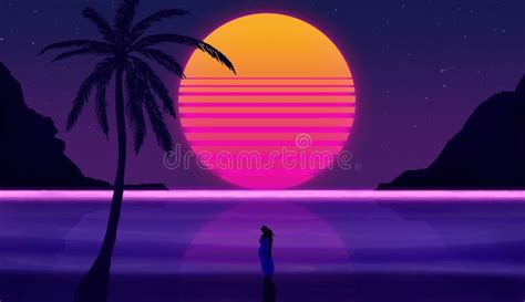 Background with a Sunset on a Neon Sky and a Beach with Silhouettes of Palm Trees, a Woman and a ...