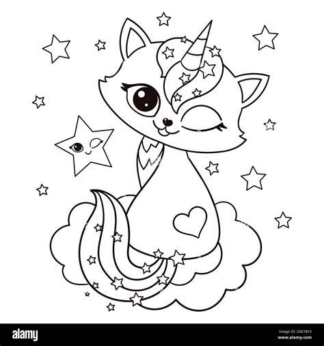 Cute cat unicorn.Black and white linear image.Vector Stock Vector Image & Art - Alamy