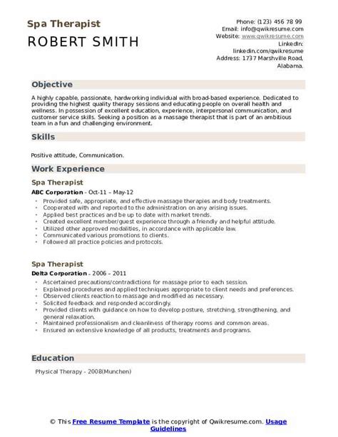 Spa Therapist Resume Samples | QwikResume