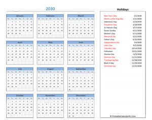 Printable Yearly Calendar 2030