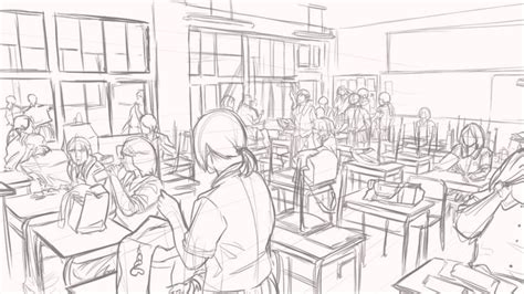 Anime classroom, Background drawing, Perspective sketch