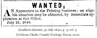 This Day in Athens: 31 July 1840: Printing Apprentice Wanted