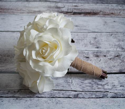 Silk Wedding Bouquet Small White Rose Burlap Bouquet