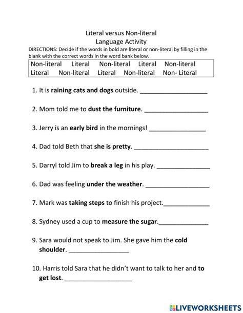 Literal Language versus Figurative Language worksheet | Live ...