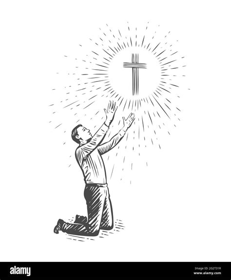 Man kneeling praying to God. Faith, prayer concept. Sketch vector illustration Stock Vector ...