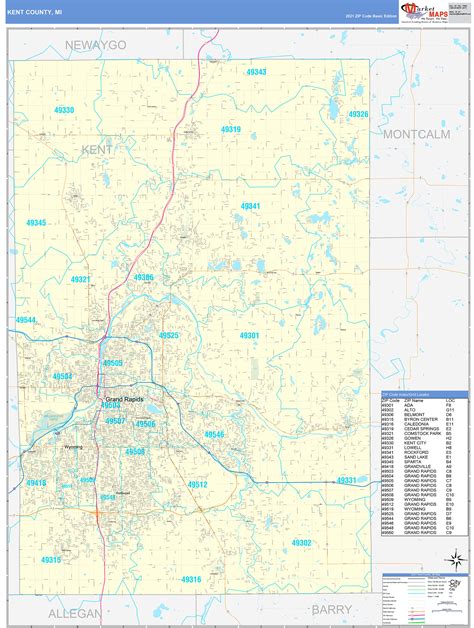 Kent County, MI Zip Code Wall Map Basic Style by MarketMAPS - MapSales