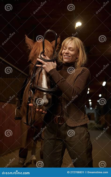 Woman Rider Harnessing Horse in Stable of Riding Club or Ranch Stock Image - Image of club ...