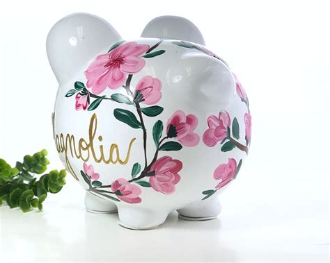 Personalized Pink Flower Piggy Bank, Large Ceramic | Brushes with a View