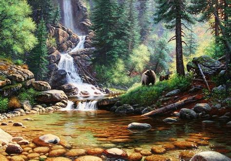 Wild Animals | Amimales in 2019 | Waterfall paintings, Nature paintings, Bear paintings