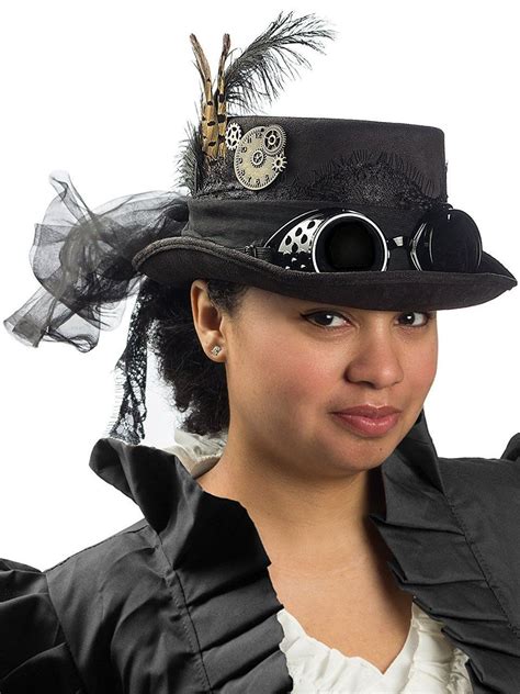 Womens Deluxe Steampunk Hat Goggles Veil Feathers - CostumeVille