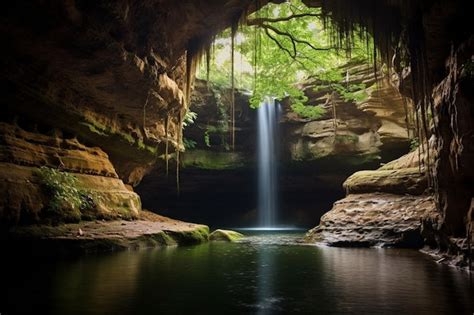 A waterfall is visible through a cave in the middle of a forest. | Premium AI-generated image