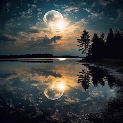 Premium AI Image | Illustration of a night view on a lake with a full moon