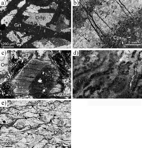 a Preserved gabbroic texture in an eclogite. Garnet forms pseudomorphs ...