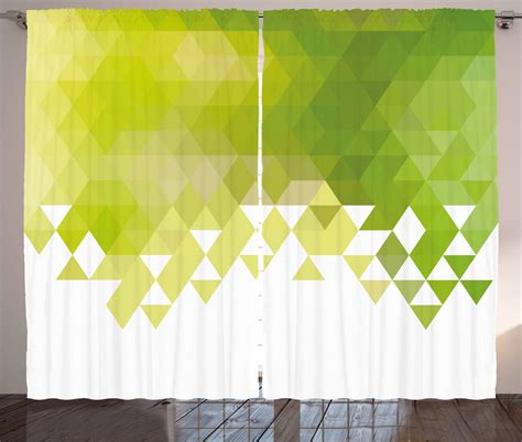 Green Curtains 2 Panels Set, Triangular Abstract Pattern Design Geometrical Mosaic Poly Effect ...