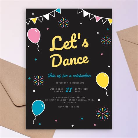 Let's Dance Colored Black Party Invitation Template Online Maker