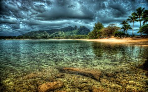 Dark clouds over the rocky lake wallpaper - Nature wallpapers - #36923