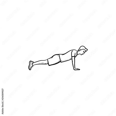 Young man doing push-ups hand drawn outline doodle icon. Fitness, push-ups and plank workout ...