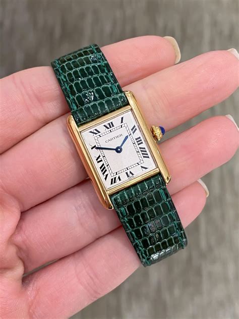 Small Louis Cartier Tank Green Leather Strap, Quartz, 18 Karat Gold, Warranty at 1stDibs ...