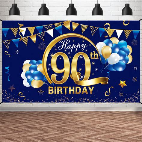 Buy Kauayurk Happy 90th Birthday Banner Decorations for Men - Blue Gold 90 Backdrop Party ...