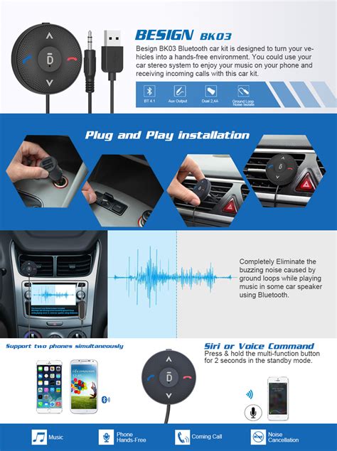 Amazon.com: Besign Bluetooth 4.1 Car Kit for Handsfree Talking and Music Streaming, Wireless ...