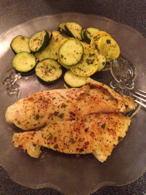 Baked lemon pepper tilapia with a side of broiled zucchini and squash. | Lemon pepper tilapia ...