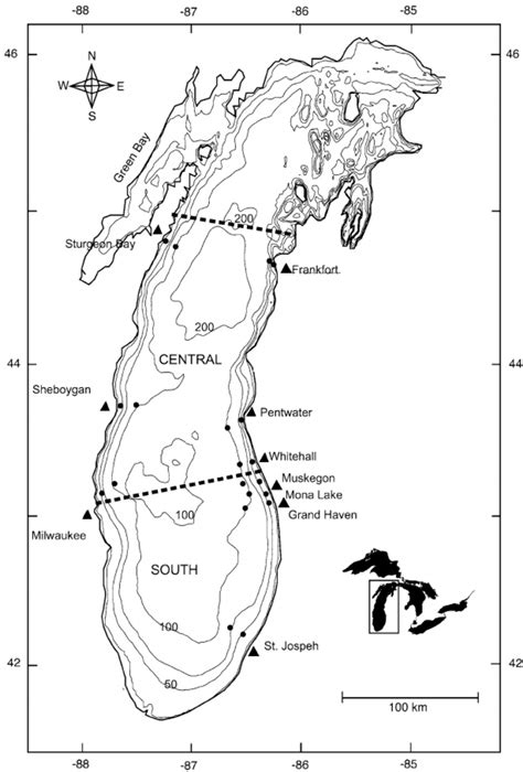 Map of Lake Michigan and locations of nearshore (45) and offshore ...