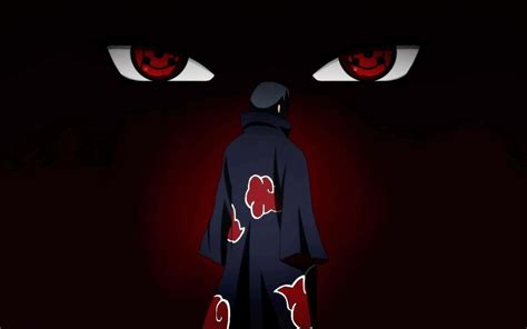 Download Itachi Aesthetic Wearing Akatsuki Robe Facing Large Sharingan Eyes Wallpaper ...