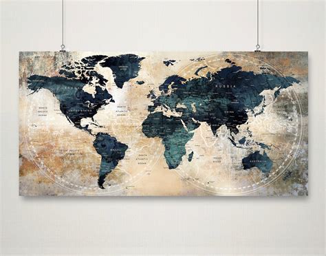 Extra Large Wall Art World Map Watercolor Poster Print Beige and Navy Blue Original Artwork ...