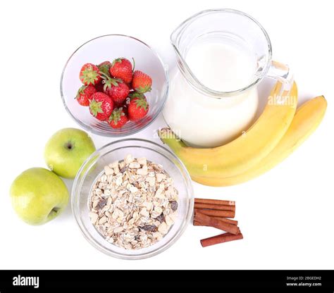 Healthy cereal with milk and fruits isolated on white Stock Photo - Alamy