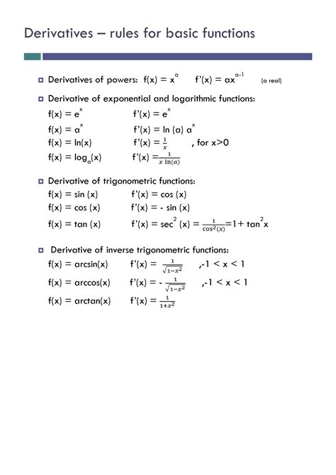 Wk1Ar Derivative Table - Derivatives – rules for basic functions Derivatives of powers: f(x) = x ...