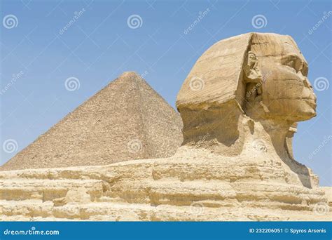 Sphinx and the Great Pyramid in Giza Necropolis, Egypt Stock Image - Image of culture, myth ...