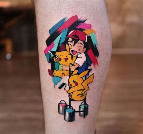 Ash and Pikachu tattoo located on the calf.