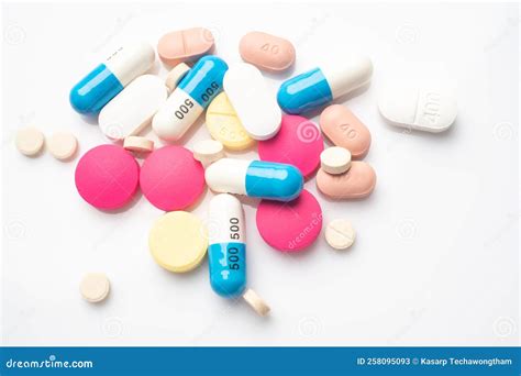 Different Color Tablets and Pill Capsule on White Background, Flat Lay Stock Image - Image of ...