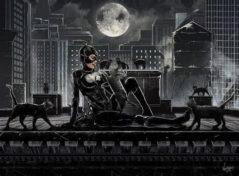 Catwoman, moon, black, pisici, fresoodle, night, cmomics, comics, moon, fantasy, HD wallpaper ...