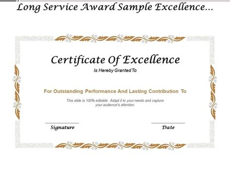 an award certificate with the words, long service sample excellence in yellow and white lettering