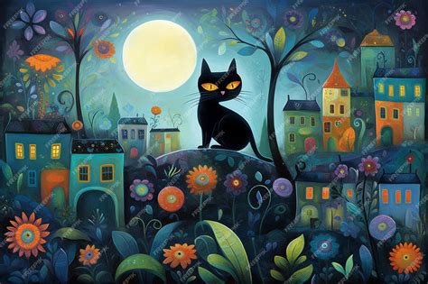 Premium AI Image | A painting of a black cat with a full moon in the ...