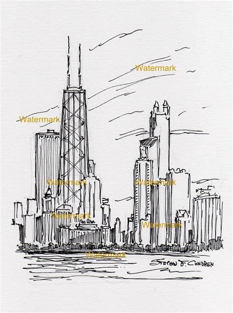 Chicago skyline pen & ink drawing of near north side on the lake.